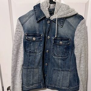 Denim Jacket with Knit Sleeves